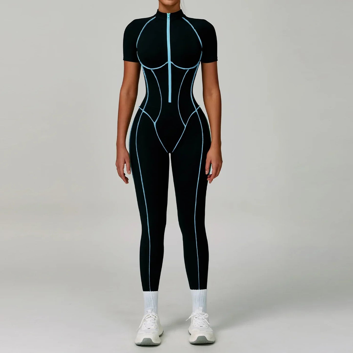 Gym Set Women Training Yoga Suit Sportswear Women Short Sleeves Sports Jumpsuit Fitness Rompers Zipper Push Up Workout Bodysuits