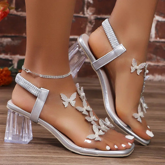Marina Crystal Butterfly Block-Heel Sandals