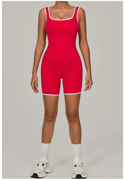 Women Color Blocked Yoga Jumpsuit Sleeveless Romper Elastic Quick Drying Fitness Workout Sportswear One-Piece Short Yoga Clothes