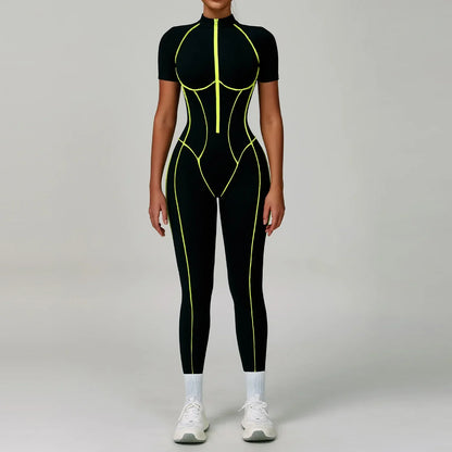 Gym Set Women Training Yoga Suit Sportswear Women Short Sleeves Sports Jumpsuit Fitness Rompers Zipper Push Up Workout Bodysuits