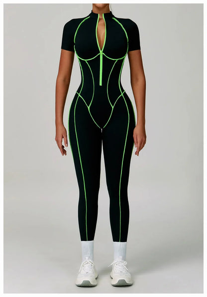 Gym Set Women Training Yoga Suit Sportswear Women Short Sleeves Sports Jumpsuit Fitness Rompers Zipper Push Up Workout Bodysuits