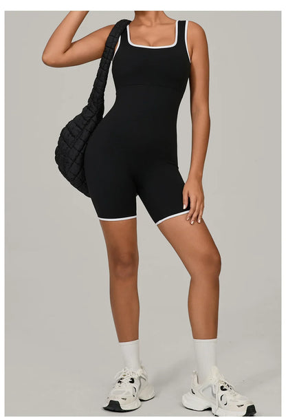 Women Color Blocked Yoga Jumpsuit Sleeveless Romper Elastic Quick Drying Fitness Workout Sportswear One-Piece Short Yoga Clothes