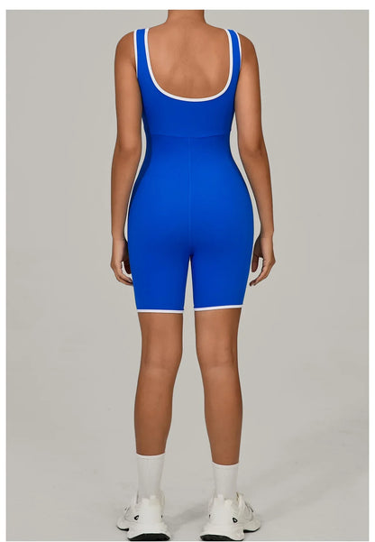 Women Color Blocked Yoga Jumpsuit Sleeveless Romper Elastic Quick Drying Fitness Workout Sportswear One-Piece Short Yoga Clothes