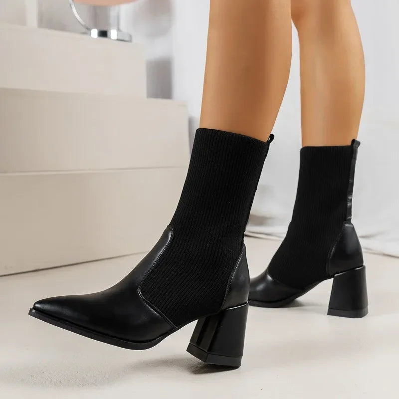 Giulia Knit-Cuff Block Heel Boots