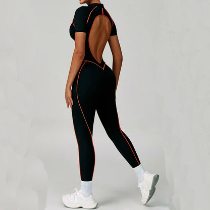Gym Set Women Training Yoga Suit Sportswear Women Short Sleeves Sports Jumpsuit Fitness Rompers Zipper Push Up Workout Bodysuits