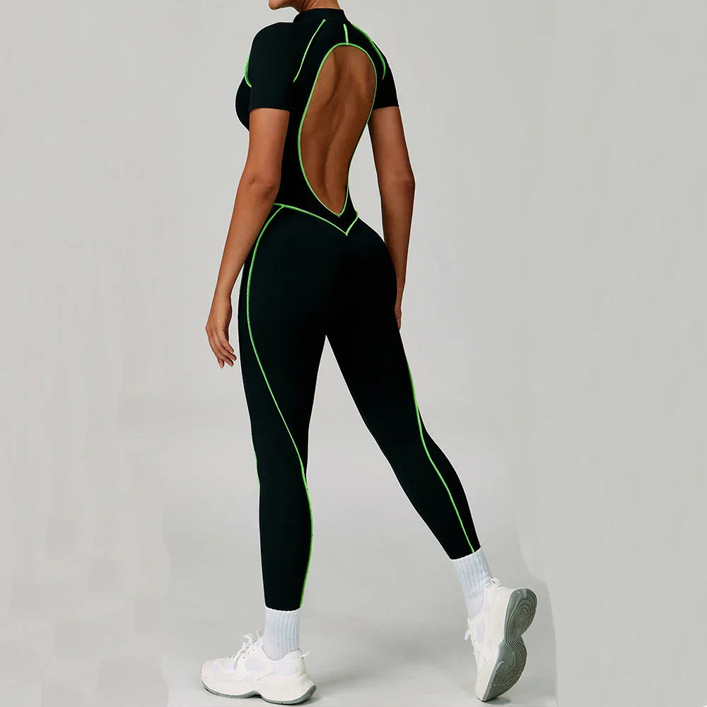 Gym Set Women Training Yoga Suit Sportswear Women Short Sleeves Sports Jumpsuit Fitness Rompers Zipper Push Up Workout Bodysuits