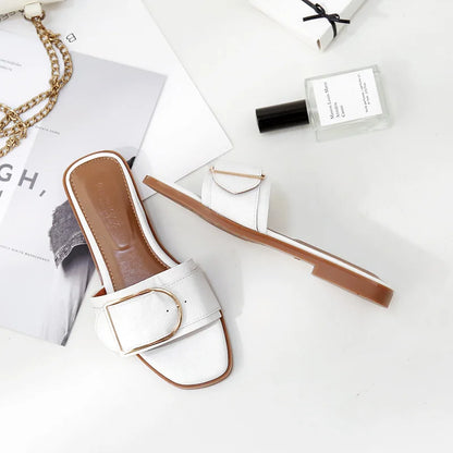 Sophia Designer Slide Sandals – Women’s Square Toe Leather Flats