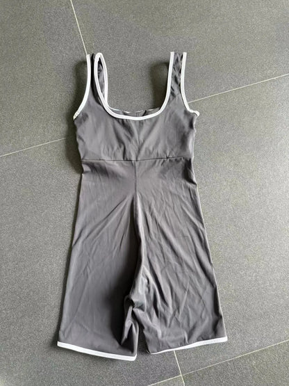 Women Color Blocked Yoga Jumpsuit Sleeveless Romper Elastic Quick Drying Fitness Workout Sportswear One-Piece Short Yoga Clothes